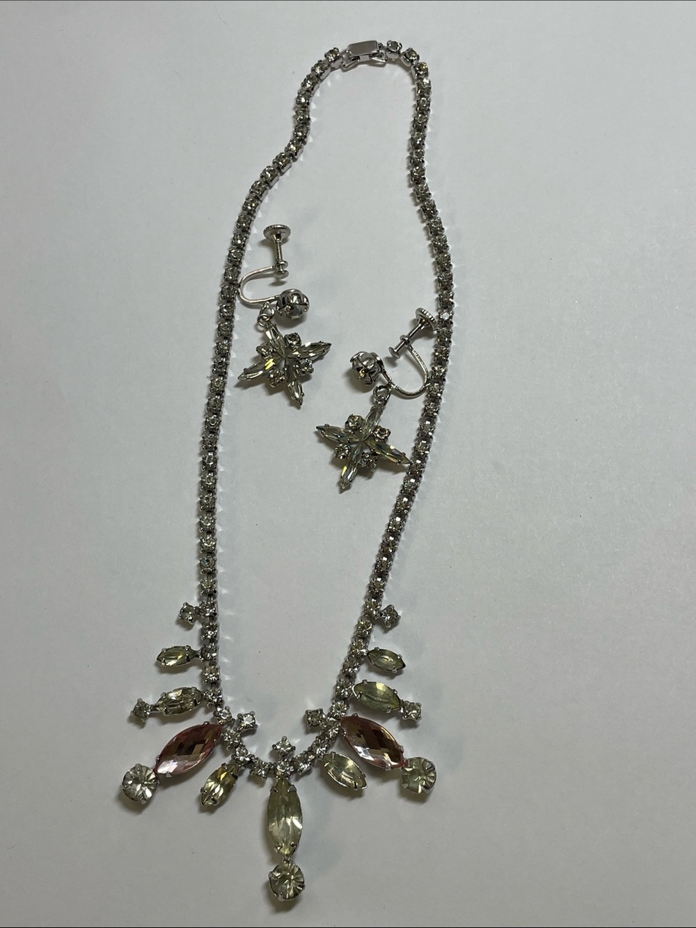 Vintage Continental Crystal Drop Necklace and Star Earrings Set - Silver Tone
